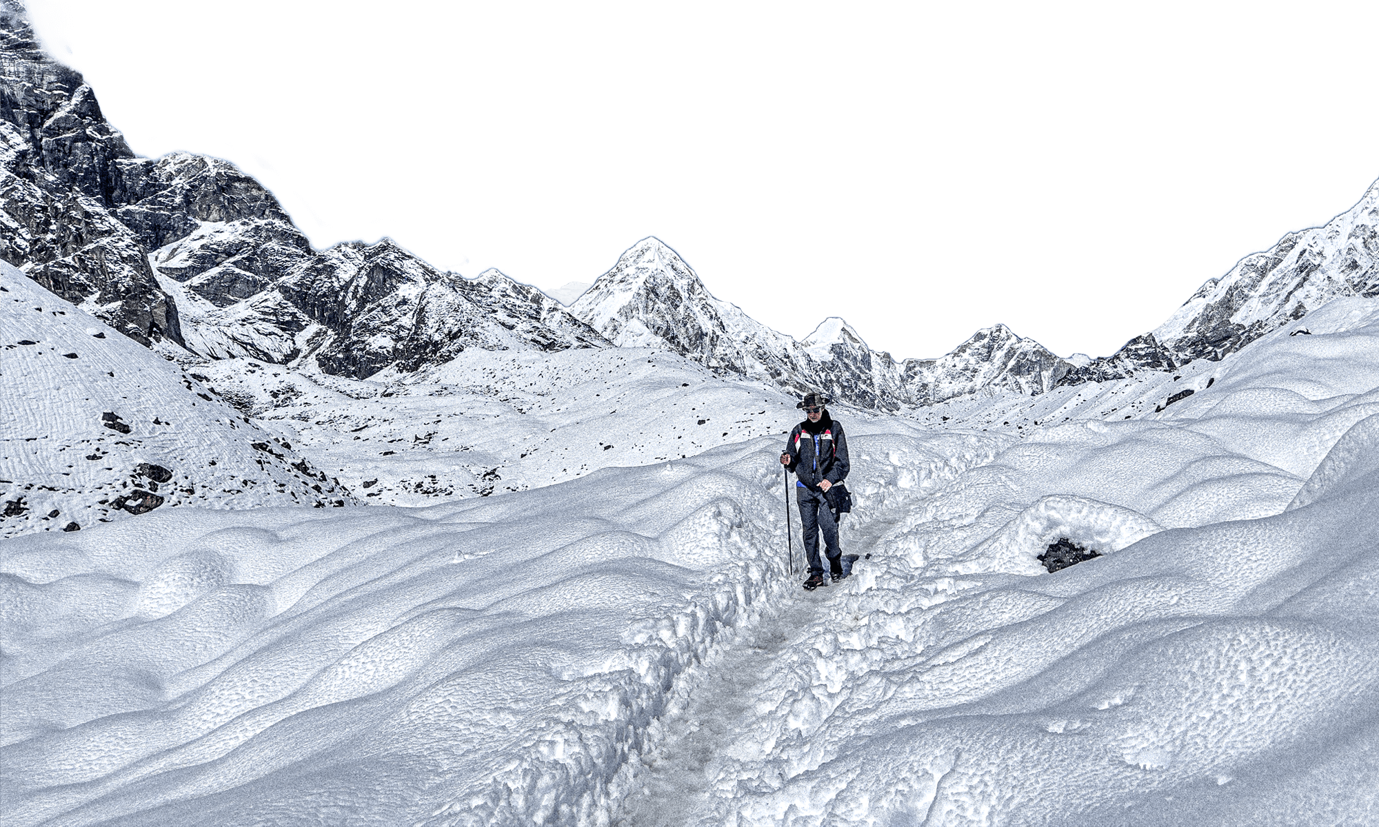 transparent background of everest region where a man is walking in the snow