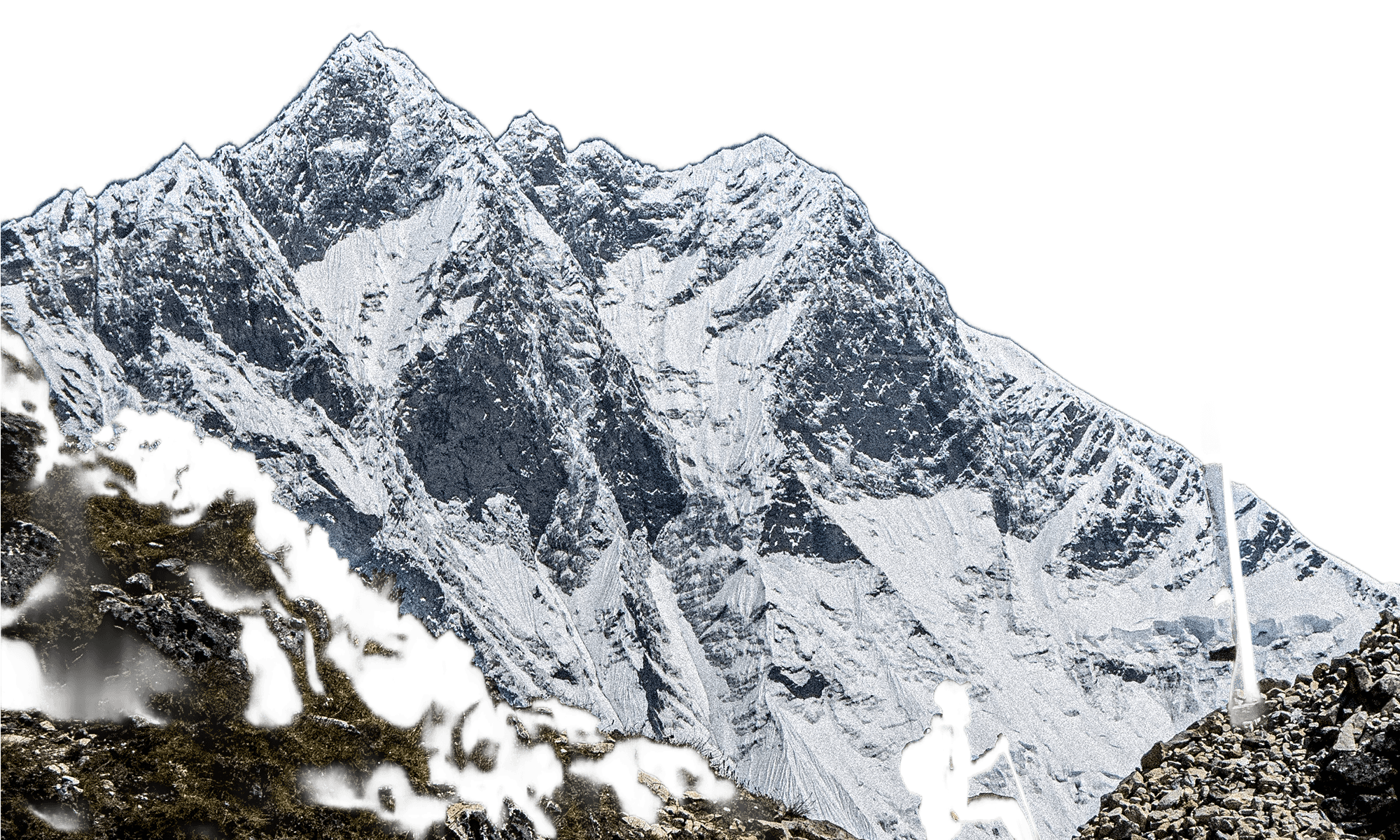 transparent background of everest region where a man is walking in the snow