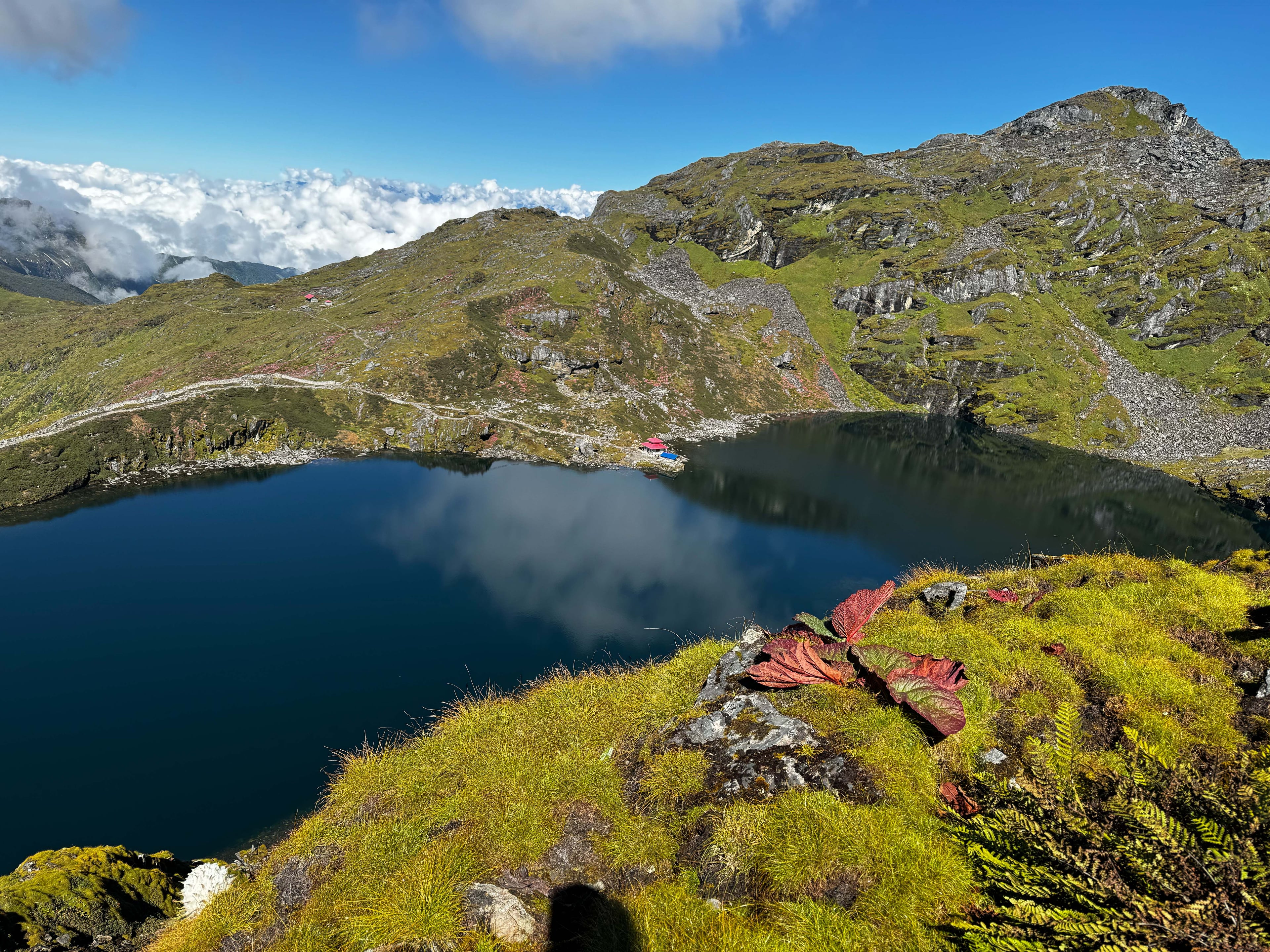 Aerial view of Timbung Pokhari captured by Trek 8586 in the Kanchenjunga Region, featuring the tranquil beauty of Timbung Pokhari