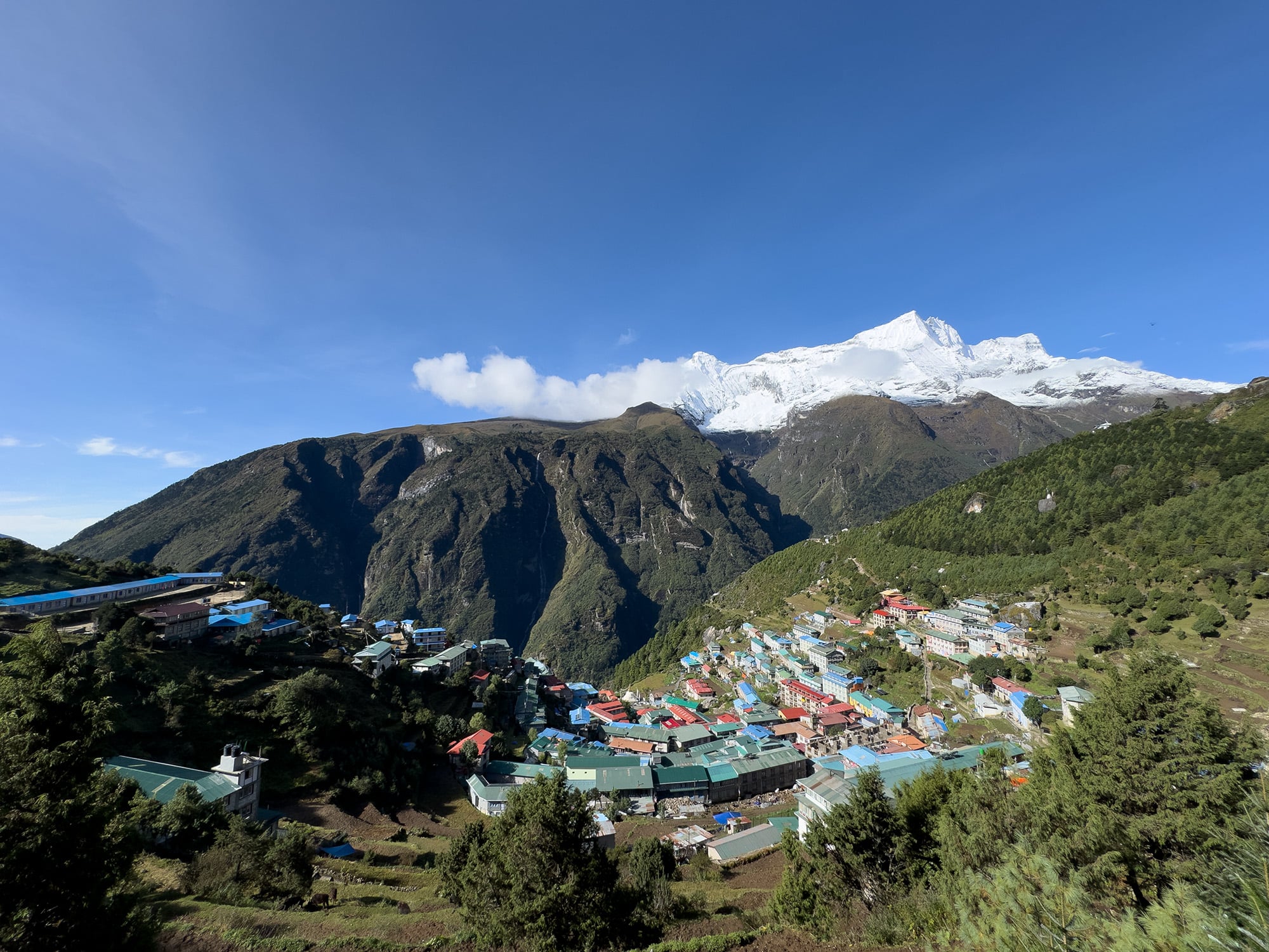 Namche Bazaar, the bustling Sherpa town in the Everest Region, surrounded by towering mountains, offering a vibrant stop for trekkers on their journey to Everest Base Camp.